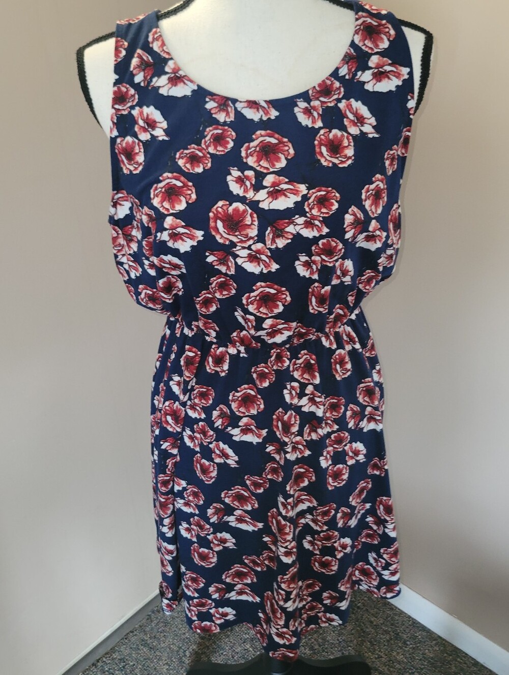 French Grey Navy Midi Dress with Red Floral Print